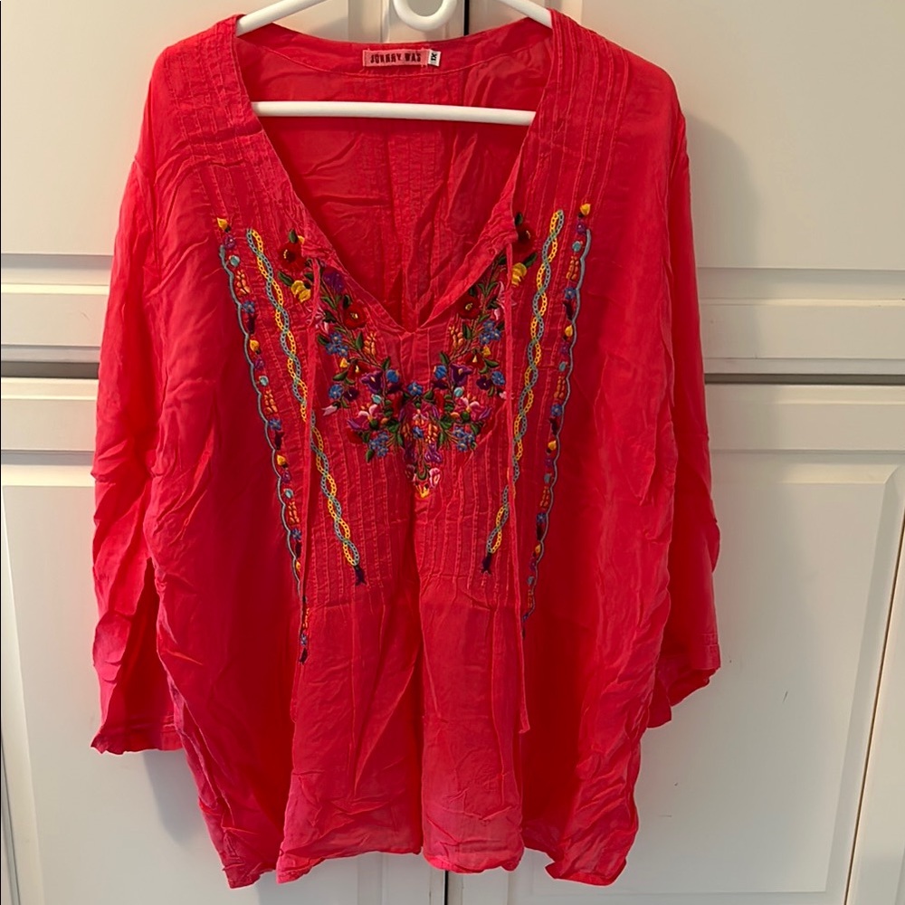 Johnny Was Fuchsia Pink Emberoidered V-Neck Blouse Sz 1X